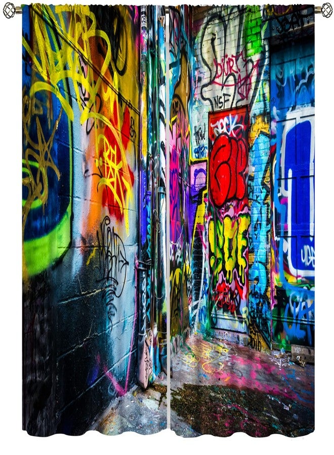 AuiMzoo Colorful Graffiti Curtains, Street Abstract Art Creative Colorful Graffiti Theme Illustration, Children Boys Teenagers Bedroom Living Room Blackout Decorative Curtains 2 Panels, 42x45 in. - Image 1